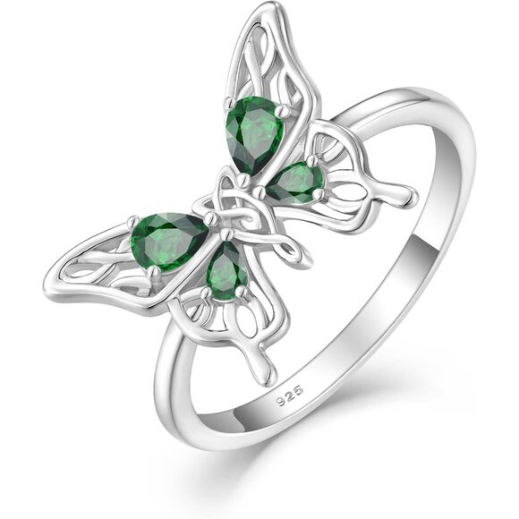 🆕 Women Green Big Butterfly Statement Ring Solid Sterling Birthstone Jewelry - Picture 1 of 7